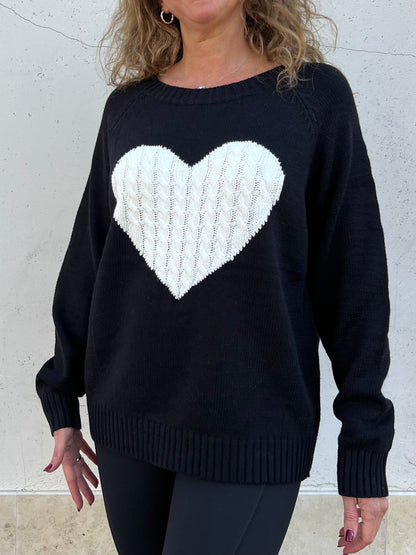 The Love Me Sweater - Black w/ Crème Heart